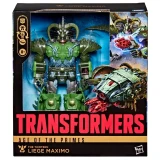 Transformers Liege Maximo Transformers Age of the Primes Thirteen Leader Class Action Figure, green and silver robot toy in packaging with artwork of robot in action on the box.