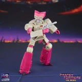 Transformers Kranix Transformers Studio Series The Movie Deluxe Class 5.5-Inch Action Figure, beige and pink robot with a gun, standing against a cosmic background.