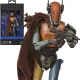 Star Wars Mercenary Guard Droid Star Wars The Black Series The Mandalorian & Grogu 6-Inch Action Figure, detailed figure of a Mandalorian droid with a brown helmet, armor, and a brown cloth cape, holding a weapon.