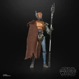 Star Wars Mercenary Guard Droid Star Wars The Black Series The Mandalorian & Grogu 6-Inch Action Figure, detailed figure of a humanoid droid with a rust-colored head, armor, a brown cape, and holding a long staff weapon against a dark background.
