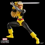 Marvel's Magik Marvel Legends Secret Wars 6-Inch Cardback Action Figure, action figure portraying the Marvel character Magik in a dynamic combat pose with a sword, dressed in a yellow and black costume with silver armor and red accents, set against a black background.