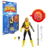 Marvel's Magik Marvel Legends Secret Wars 6-Inch Cardback Action Figure, an articulated action figure of Magik from Marvel's Secret Wars series, featuring a yellow and black costume, a silver magical arm, and accessories including a sword, smoke effect, and a portrait mask with a printed image of Magik's face.
