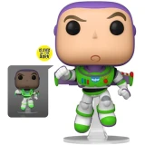 Funko Buzz Lightyear Toy Story Funko Pop! Glow-in-the-Dark Figure #1726, special edition with large head and body, dressed in green, white, and purple spacesuit, standing on a white base, glow-in-the-dark characteristic indicated by a yellow circle with text.