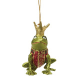 Department 56 Jumping Frog Department 56 3 Inch Ornament 6019514, a decorative frog ornament with a golden crown and red and green attire, hanging by a gold string.