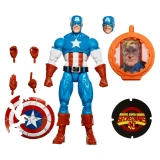Marvel Captain America Marvel Legends Secret Wars 6-Inch Cardback Action Figure, includes multiple interchangeable hands, alternate head, shield with damaged effect, a comic book style display stand, and an image of Captain America on the shield.