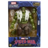 Marvel Hulk Marvel Legends Spider-Man Brand New Day Premium 6-Inch Action Figure, Green Hulk action figure with ripped white shirt and brown pants inside packaging.