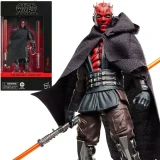 Star Wars Maul Shadow Lord 6-Inch Action Figure, detailed collectible toy depicted with red and black Sith outfit, mechanical legs, fiery red double-bladed lightsaber, and black cape.