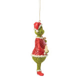 Enesco Grinch & Cindy Lou with Sign Jim Shore 5 Inch Ornament Grinch Collection 6018968, colorful Christmas ornament featuring the Grinch dressed in a red holiday coat and Santa hat, holding a sign with Cindy Lou who is also part of the festive design.