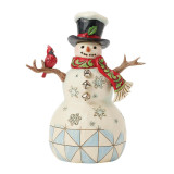 Enesco Snowman with Top Hat & Cardinal Jim Shore 7 Inch Figurine Heartwood Creek 6017055, festive snowman figurine with a black top hat, decorated with holly berries, red and green scarf, a cardinal perched on its twig arm, snowflake and geometric patterns on its body.