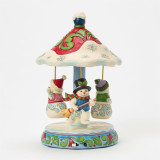 Enesco Rotating Snowman Carousel Jim Shore 12 Inch Figurine Heartwood Creek, colorful holiday-themed snowman with hat, scarf, and broom, on a decorative base with a scenic carousel with hanging gifts and snowflakes.
