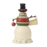 Enesco Snowman with Hanging Sign Jim Shore 8 Inch Figurine Heartwood Creek 6019278, festive snowman figurine with a black top hat, colorful patterned scarf, a red bell, and a hanging sign, standing on a carved snow base with snowflake designs.