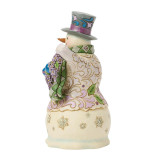 Disney Purple Snowman Jim Shore 7 Inch Figurine Heartwood Creek 6019283, decorative snowman figurine with a purple-hued hat, scarf, and floral accents, standing on a base decorated with golden snowflakes.