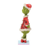 Enesco Micro Mini Grinch Set of 2 Jim Shore 4 Inch Figurine Grinch Collection, a festive green grinch figurine dressed in a red holiday outfit with a Santa hat, standing on a small white and pink base.