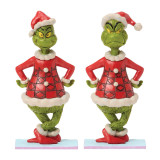 Enesco Micro Mini Grinch Set of 2 Jim Shore 4 Inch Figurine Grinch Collection, featuring two Grinch figurines dressed in Christmas attire with Santa hats, green fur details, and festive red dresses, standing with hands on hips.