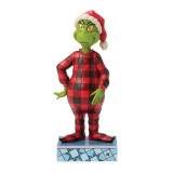 Enesco Grinch Wearing Pajamas Jim Shore 7 Inch Figurine Grinch Collection 6018953, a colorful figurine of the Grinch in red pajamas with black checks, wearing a Santa hat, standing on a decorative base.