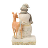 Enesco White Woodland Snowman Holding Fawn Jim Shore 10 Inch Figurine Heartwood Creek, a detailed ceramic snowman statue with a cute fawn by its side, dressed in winter accessories with scenic mountain and forest motifs.