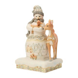 Enesco White Woodland Snowman Holding Fawn Jim Shore 10 Inch Figurine Heartwood Creek 6019309, decorated snowman figurine with a fawn, standing beside a deer, in a winter woodland scene.