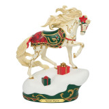 Enesco Yuletide Majesty Trail of Painted Ponies 8-Inch Equine Figurine, decorated horse with a white body, flowing golden mane, and festive holiday accessories including a green saddle with gold embellishments, red and green blanket, and red poinsettia on its head, standing on a snowy base with gift boxes.