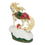 Enesco Yuletide Majesty Trail of Painted Ponies 8-Inch Equine Figurine, a detailed holiday-themed painted horse figurine with a decorated saddle, flowing mane, and a present, standing on a snowy base.