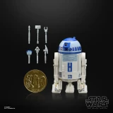 Star Wars R2-D2 Artoo-Detoo Star Wars The Black Series Droids 6-Inch Cardback Action Figure, with accessories and a coin for scale.