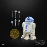 Star Wars R2-D2, 6-inch action figure with accessories and coin, black background.