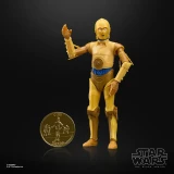 Star Wars C-3PO Star Wars The Black Series Droids 6-Inch Cardback Action Figure, a detailed yellow robotic action figure with a blue waist, standing upright on a black background with a gold coin featuring C-3PO and droids lettering.