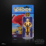 Star Wars C-3PO Star Wars The Black Series Droids 6-Inch Cardback Action Figure, yellow droid toy in its packaging with trading card backing, featuring artwork of the droid and a spaceship.
