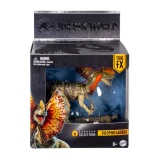 Mattel Dilophosaurus Jurassic World Hammond Collection 7.5-Inch Action Figure, detailed toy dinosaur inside a display box with Jurassic World branding and colorful artwork.