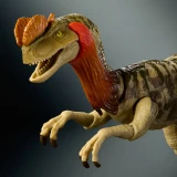 Mattel Dilophosaurus Jurassic World Hammond Collection 7.5-Inch Action Figure, highly detailed model of a prehistoric dinosaur with a colorful frill, sharp claws, and fierce expression.