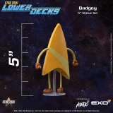 Star Trek Badgey Star Trek: Lower Decks EXO-6 7-Inch Statue 2-Pack, a cartoonish yellow spaceship with arms, legs, and brown shoes, set against a starry galaxy background.