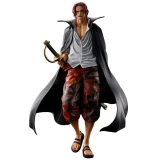 One Piece Shanks (Red Hair Pirates) Masterlise Expiece One Piece Ichibansho Statue, a detailed figurine of Shanks from One Piece with a sword, wearing a long black coat, tropical shorts, and sandals, with red hair and a confident expression.