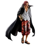 One Piece Shanks (Red Hair Pirates) Masterlise Expiece One Piece Ichibansho Statue, highly detailed figure of Shanks from One Piece with red hair, wearing a black cape, white shirt, and red patterned shorts, holding a sword, standing confidently.