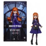 Monster High Agnes DeMille Monster High Wednesday Series 10 Inch Doll, action figure with red braided hair dressed in a purple and blue striped outfit, black boots, and holding a black suitcase and a small tool, displayed alongside its packaging featuring a clock background.