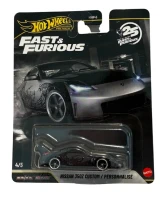 Hot Wheels Nissan 350Z Custom Hot Wheels 1:64 Premium Diecast Fast & Furious #4 of 5 (956R) , diecast model car with custom silver design, packaged in a black and yellow blister pack with Fast & Furious branding.
