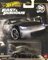 Hot Wheels Nissan 350Z Custom Hot Wheels 1:64 Premium Diecast Fast & Furious #4 of 5, black diecast car with gold accents in packaging featuring the Fast & Furious logo and a grayscale image of the car.