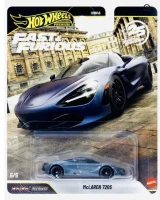 Hot Wheels McLaren 720S, 1:64 premium diecast fast & furious #5 of 5, blue sports car model in its packaging with a background of a historic building.