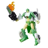 Transformers Greenlight Transformers War for Cybertron Siege Deluxe WFC-S15 Figure (Dazzlestrike), plastic robot action figure with green, white, and beige armor holding a black and orange flame sword.