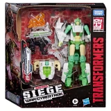 Transformers Greenlight Transformers War for Cybertron Siege Deluxe WFC-S15 Figure (Dazzlestrike), boxed toy set with a green and white robot figure, accessories including a gun and a flame effect, and additional parts for transformation, in packaging with Transformers and War for Cybertron themes.