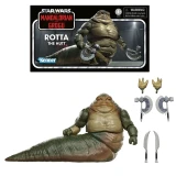 Star Wars Rotta the Hutt Deluxe Star Wars Vintage Collection 3.75-Inch Action Figure, Rotta the Hutt figure with long tail shown alongside interchangeable hands and weapon accessories, with branded packaging in the background.