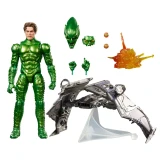 Marvel Green Goblin Marvel Legends Spider-Man No Way Home 6-Inch Action Figure, green armored action figure with alternate Goblin masks and hands, pumpkin bombs, orange blast effect, and a detailed glider displayed on a stand.