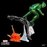 Marvel Green Goblin Marvel Legends Spider-Man No Way Home 6-Inch Action Figure, green armored Green Goblin figure crouching on a glider above an orange explosion effect against a black background.