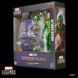 Marvel Green Goblin Marvel Legends Spider-Man No Way Home 6-Inch Action Figure, boxed collectible figure displayed with alternate head and hands, pumpkin bombs, and a purple glider in Marvel Legends packaging.