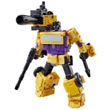 Transformers Combaticon Swindle Transformers Age of the Primes Voyager Class Figure, yellow and purple robot action figure posed with black weapons against a white background