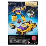 Transformers Combaticon Swindle Transformers Age of the Primes Voyager Class Figure, back of the package showing the yellow and purple robot and vehicle modes, transformation steps, and combine-to-form-Bruticus feature.