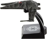 Star Wars Inquisitor Scythe Hot Wheels Star Wars Starships Select Premium Diecast Ship, black diecast spacecraft displayed on a stand with Imperial insignia against a white background.