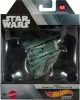 Star Wars Maul's Gauntlet Starfighter Hot Wheels Star Wars Starships Select Premium Diecast Ship, teal starfighter collectible displayed inside its branded window box packaging.