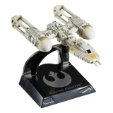 Star Wars Y-Wing Fighter Hot Wheels Star Wars Starships Select Premium Diecast Ship, detailed white and yellow die-cast Y-Wing fighter displayed on a black Star Wars-branded stand
