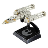 Star Wars Y-Wing Fighter Hot Wheels Star Wars Starships Select Premium Diecast Ship, detailed white and yellow diecast Y-Wing model displayed on a black Star Wars-branded stand against a white background.