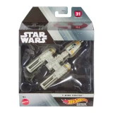 Star Wars Y-Wing Fighter Hot Wheels Star Wars Starships Select Premium Diecast Ship, white and yellow Y-Wing fighter diecast model displayed inside its clear-front Star Wars Hot Wheels Starships Select packaging.