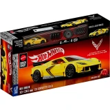 Hot Wheels ’20 Corvette C8.R Hot Wheels Brick Shop Speed Series 261-Piece 1:32 Building Set, front and side view of the red-and-black box featuring a yellow brick-built Corvette race car and included customization wheels.